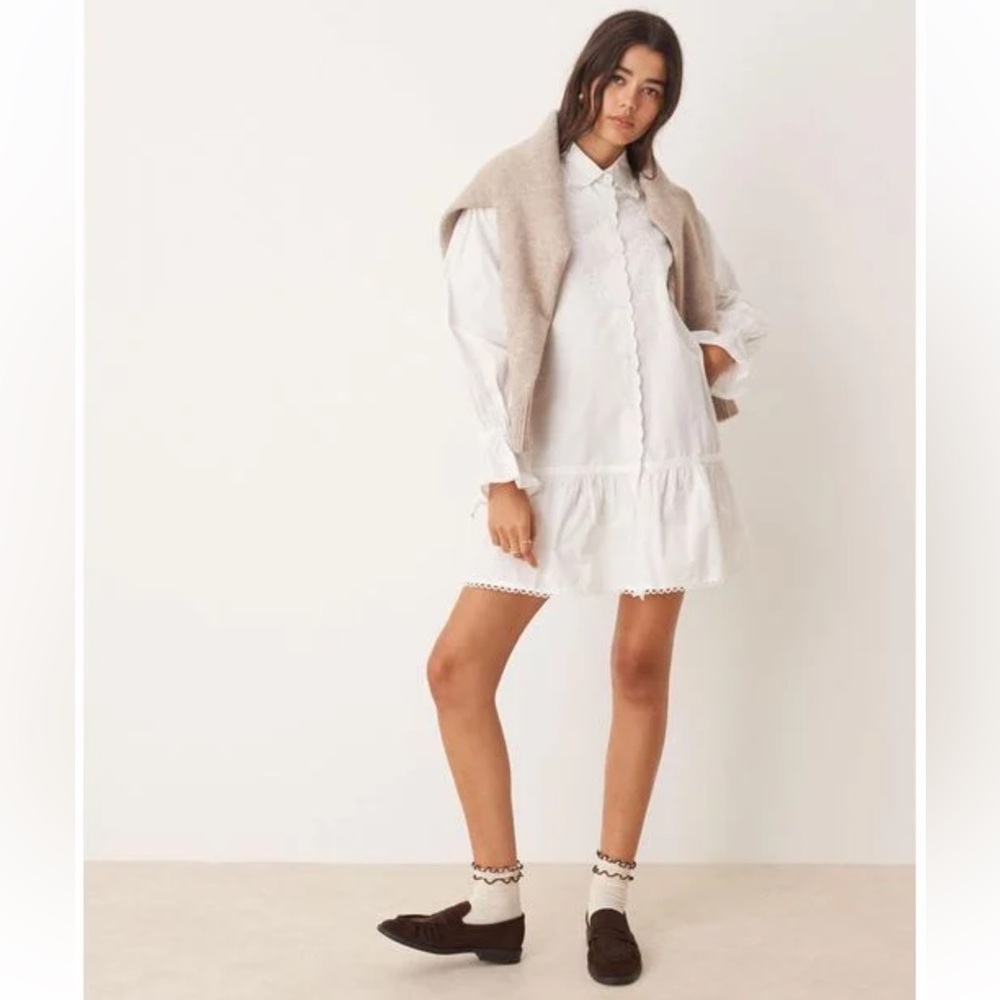 Miss Selfridge NWT Women's Natural Embroidered Poplin Shirt Dress 4 Cottagecore - Picture 4 of 14